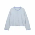 Blue white striped knit cardigan, casual crew neck single breasted long sleeve sweater. - Light Blue Striped