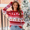 Weihnachten Rentier Jacquard Langarm Rundhalsausschnitt Damen Strickpullover Winter Top - S / A1051 Weihnachtspullover
