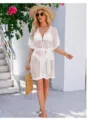 White crochet beach cover up detail, v neck knitwear cardigan, summer resort vacation style - S / White
