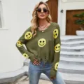 Pull tricoté automne hiver pour femme décontracté vert olive visage souriant haut vintage - S / Vert