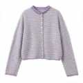 Casual Women Purple White Striped Loose Round Neck Knit Cardigan Button Long Sleeve Sweater - Light Purple Stripes