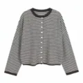 Women's striped knit cardigan, casual round neck long sleeve button down sweater, brown and white. - Brown Striped