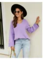 Women long sleeve V-neck knitted sweater casual loose pullover top for daily wear chic - S / Violet