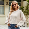 Women's casual loose short pullover sweater, stylish long sleeve crewneck knitwear. - XS / Apricot