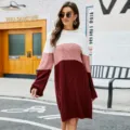 Farbblock Zopfmuster langer Pullover Kleid Damen, gemütliche Winter Freizeit Rundhalsausschnitt Kleid - S / Weinroter Langer Pullover