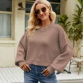 Women casual loose short crewneck knit sweater long sleeve solid color pullover top style - Coffee