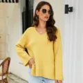 Yellow V-neck long sleeve knit sweater for women, casual loose pullover sweater variant. - S / Yellow