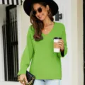 Women Long Sleeve V-Neck Knit Sweater Casual Loose Pullover Green Fall Fashion Apparel - S / Green