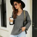 Dark gray V-neck long sleeve knit sweater for women, casual loose pullover top, fashion apparel. - S / Dark Gray