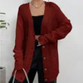 Κόκκινη γυναικεία πλεκτή ζακέτα πουλόβερ, casual φαρδύ πλεκτό παλτό με V λαιμόκοψη. - S / Μπορντό πλεκτές ζακέτες