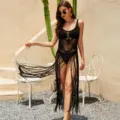 Black crochet beach cover up, sleeveless strap hollow out long tassel bikini dress. - One Size / Black