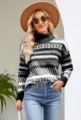 Detailed view of women's black and white patterned turtleneck knit sweater in casual style. - S / Black Turtleneck Sweaters
