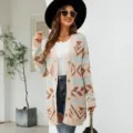 Gilet cardigan en tricot à motif losanges pour femme avec manches longues et boutons. - S / Beige
