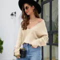 Dames V-hals losse casual gebreide truien herfst winter effen kleur vleermuismouw top kleding - S / Broken Wit