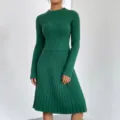 Elegant dark green knit two-piece set, slim long-sleeve top and pleated midi skirt. - S / Green