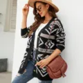 Femme Cardigan en Tricot a Motif Geometrique Casual Manche Longue Pull Veste Exterieure - S / Noir