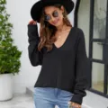 Dames zwarte V-hals lange mouw comfortabele gebreide truien zachte casual variante - S / Zwart