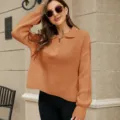 Damen lässiger Revers Strickpullover, gemütlicher Langarm Pullover in Karamell. - S / Oberteile / Orange