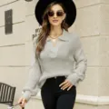 Lässiger, lockerer Damen Strickpullover mit Reverskragen, Herbst Winter Langarm Oberteil. - S / Oberteile / Hellgrau
