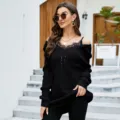 Damen sexy spitze patchwork V-ausschnitt pullover langarm lose strickware oberteil schwarz mode - M / Schwarz
