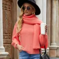 Damen gemütlicher Rollkragenpullover Schal Set lässiger Herbst Winter Strickpullover - S / Rosa