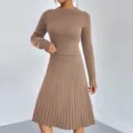 Knit sweater two-piece set, brown ribbed long sleeve pullover top and A-line midi skirt for women. - S / Khaki