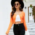 Women's sexy slim crop knit cardigan solid color long sleeve summer cardigan top - Orange