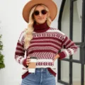 Loose turtleneck sweater for women, autumn winter casual knit pullover with geometric pattern. - S / Red Turtleneck Sweaters