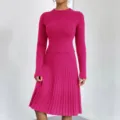Hot pink ribbed knit sweater and pleated skirt two-piece set, stylish slim-fit autumn winter outfit. - S / Rose Red
