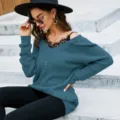 Blauer V-Ausschnitt Spitzenkontrast Strickpullover, lockeres Langarm-Oberteil für Damen. - S / Grün