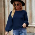 Dunkelblaue Strickpullover mit Rundhalsausschnitt und Ballonärmeln für Damen Herbst Winter. - S / Marineblau
