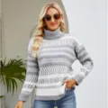 Casual loose turtleneck knitted sweater for women, grey and white geometric pattern. - S / Grey Turtleneck Sweater