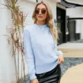 Donna maglione lavorato a maglia azzurro girocollo manica lunga casual top moda autunnale - Taglia S / Blu
