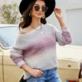 Mujer jersey de punto degradado hombros descubiertos manga larga pullover otoño invierno - S / Púrpura