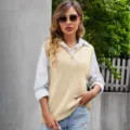 Chaleco de jersey de punto para mujer media cremallera sin mangas top casual otoño - S / Beige