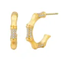 Créoles boucles d'oreilles bambou brossé en argent sterling 925 avec oxydes de zirconium. - Couleur Or