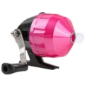Close-up detail of the pink spincast fishing reel showing glossy shell and metal handle. - Closed Fishing Reel / Pink