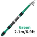 Telescopic fishing rod detail view, green and black carbon section with guide ring. - 2.1M Single Rod / Green