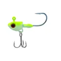 Detailed view of fluorescent green jig head fishing lure with red eye and treble hook. - 3.5g / Fluorescent Green