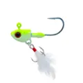 Fishing jig head lure detail view with feathered hook, ideal for sea and freshwater casting. - 3.5g / Yellow-Green