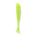 Detailed close-up of chartreuse T-tail soft fishing lure with glitter, ideal for bass fishing. - 44D