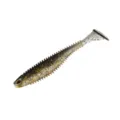 Close-up detail of the ribbed paddle tail soft fishing lure with sparkling gold glitter. - 7.5cm 5 Pieces Pack / Threaded Fish - Black Gold