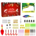 Christmas fishing lure kit detail showing colorful soft baits, hard lures, hooks, and festive box. - D Set