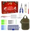 Detailed view of Christmas fishing tackle set accessories, including lures, tools and storage. - E Set