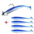 Detailed view of soft fishing lure set featuring a jig head and blue glitter T-tail baits. - 9.3g (Includes 4 Soft Baits) / Blue White Glitter