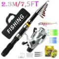 Portable telescopic fishing rod and reel full set kit with line baits and fishing bag - Set / 2.3m / Silver White
