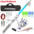 Set de caña de pescar telescópica con carrete, anzuelos, cebos y bolsa para pesca al aire libre. - 1.8m / Plata & Azul