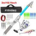 Kit de Caña de Pesca Telescópica 3m con Carrete Cebos Anzuelos Línea y Bolso de Viaje - 3m / Plata & Azul