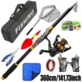 Set completo de caña de pesca telescopica 360cm y carrete con bolso, anzuelos y equipo pesca. - 3,6m / Negro y Oro