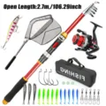 Telescopic fishing rod set with spinning reel, lures, hooks, and carry bag for outdoor fishing. - Red 2.7M